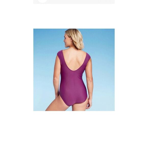 Shade & Shore WOMEN’S CAP SLEEVE ONE PIECE SWIMSUIT, PURPLE size Large - Picture 3 of 11